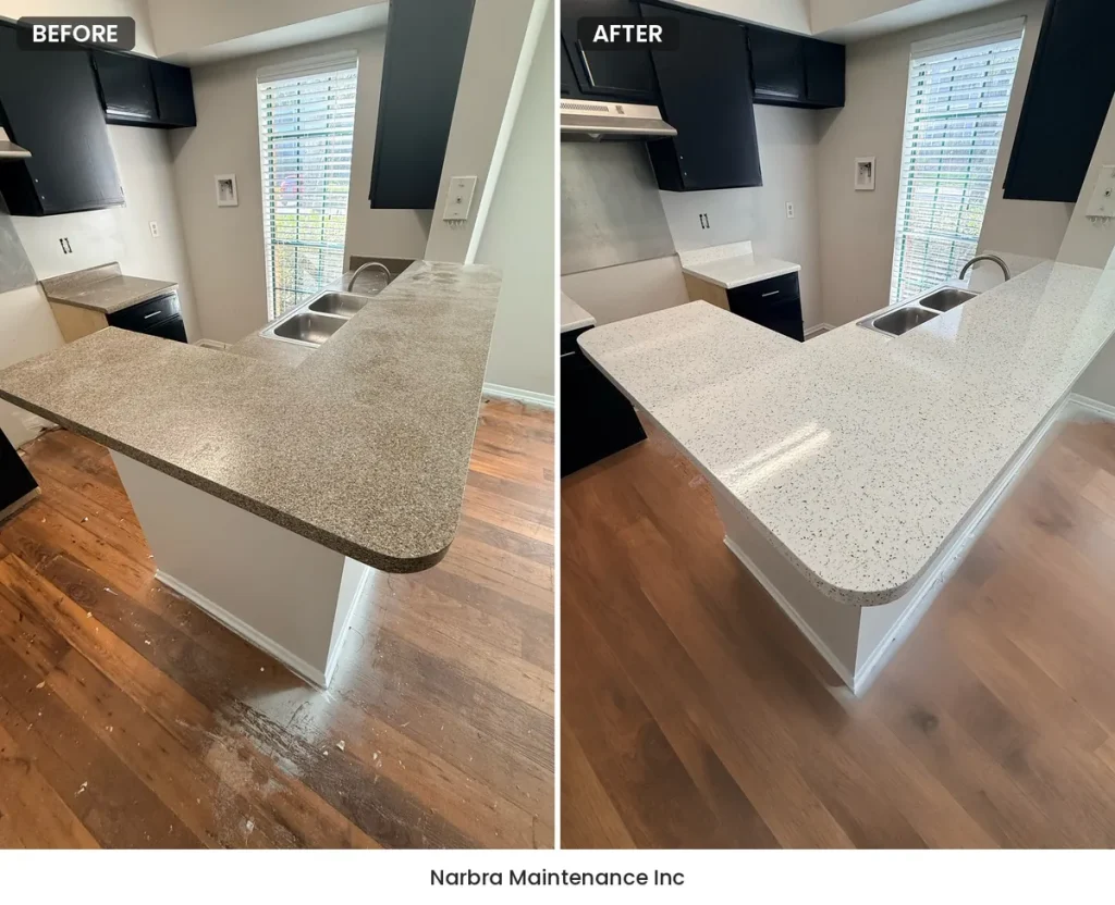 Kitchen countertop refinishing before and after in Central Florida: tan speckled laminate peninsula refinished to white speckled