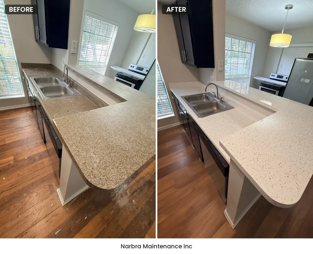 Kitchen countertop and sink area refinishing before and after in Central Florida, tan to white speckled finish