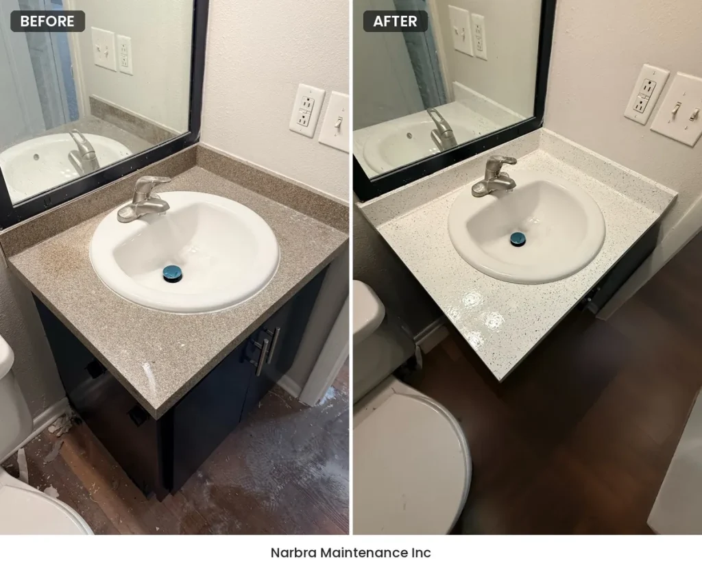 Bathroom vanity top refinishing before and after in Central Florida, tan speckled top refinished to white