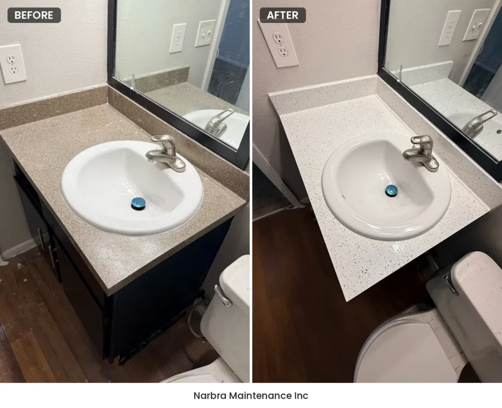 Bathroom vanity and sink top refinishing before and after in Central Florida by Narbra Maintenance Inc